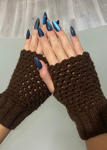 Kahverengi Örgü Bohem Kadın Eldiveni - Görsel 2