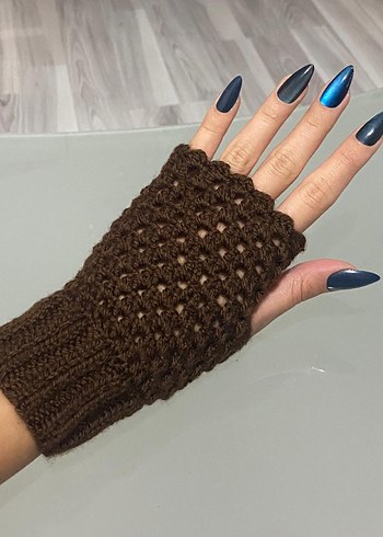 Kahverengi Örgü Bohem Kadın Eldiveni - Görsel 4