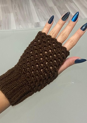 Kahverengi Örgü Bohem Kadın Eldiveni - Görsel 5