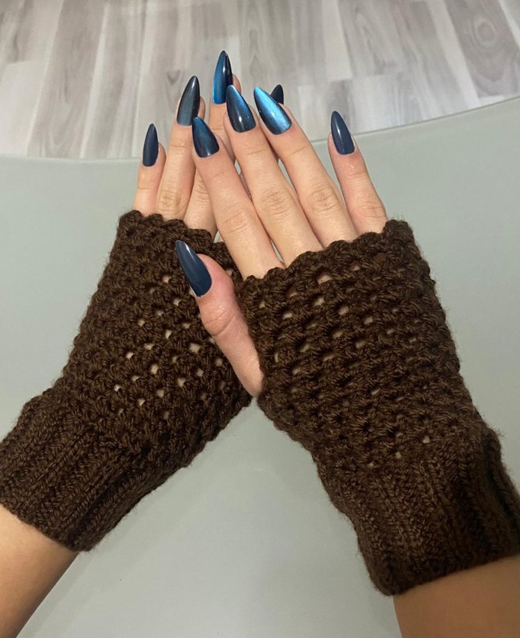 Kahverengi Örgü Bohem Kadın Eldiveni - Görsel 2