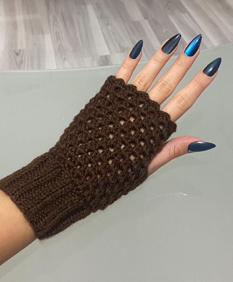 Kahverengi Örgü Bohem Kadın Eldiveni - Görsel 4