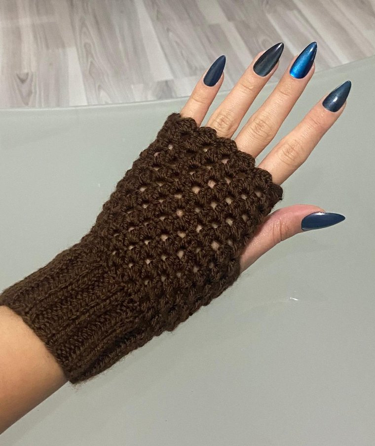 Kahverengi Örgü Bohem Kadın Eldiveni - Görsel 5