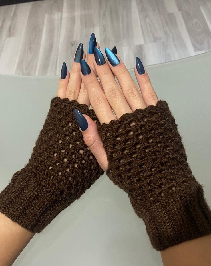 Kahverengi Örgü Bohem Kadın Eldiveni - Görsel 3