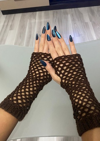 Dantel Detaylı Örgü Kahverengi Eldiven - Görsel 4