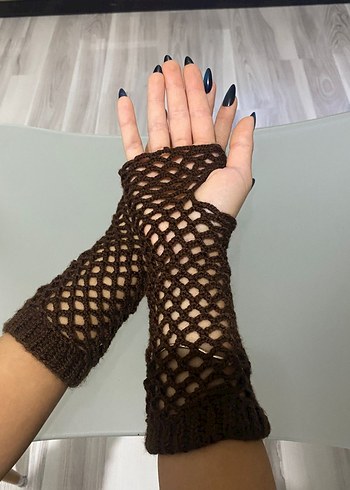 Dantel Detaylı Örgü Kahverengi Eldiven - Görsel 3