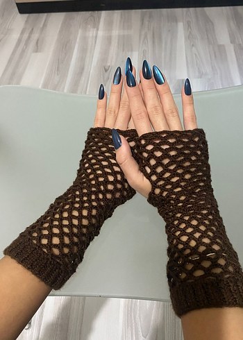 Dantel Detaylı Örgü Kahverengi Eldiven - Görsel 2