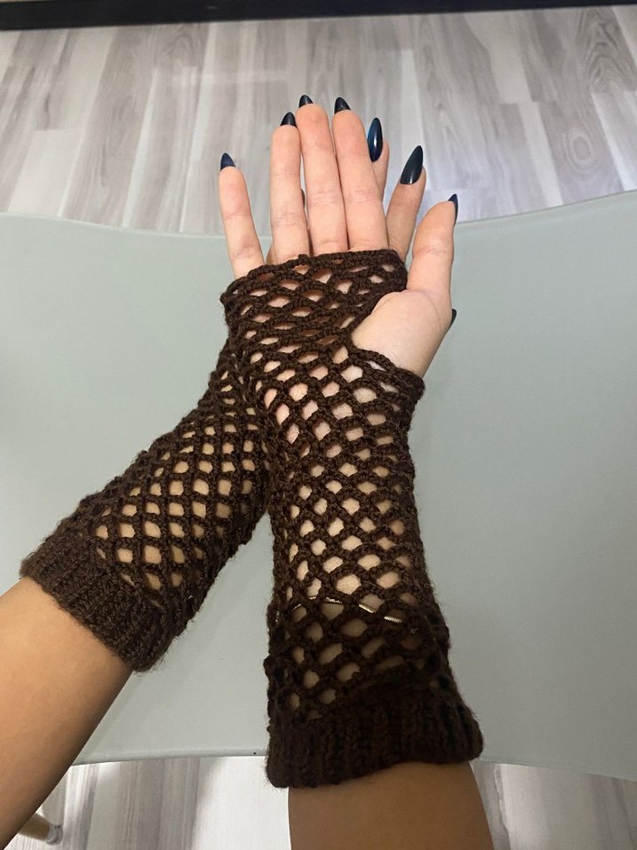 Dantel Detaylı Örgü Kahverengi Eldiven - Görsel 3