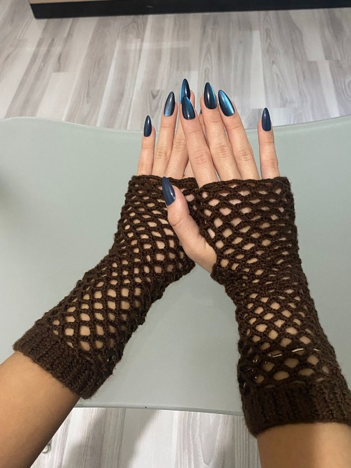 Dantel Detaylı Örgü Kahverengi Eldiven - Görsel 2