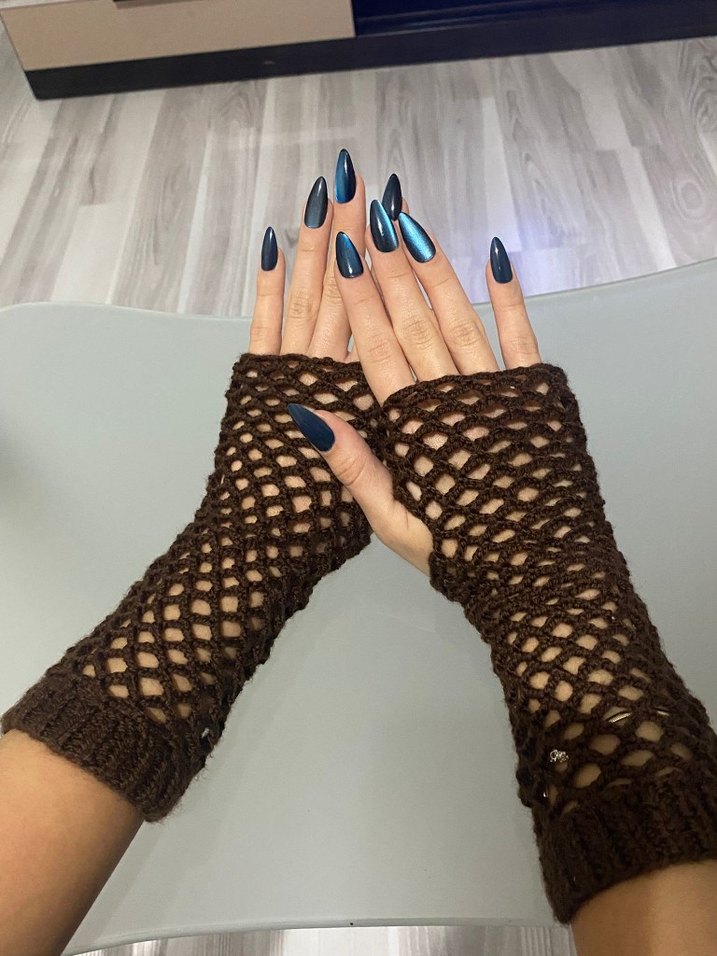 Dantel Detaylı Örgü Kahverengi Eldiven - Görsel 5