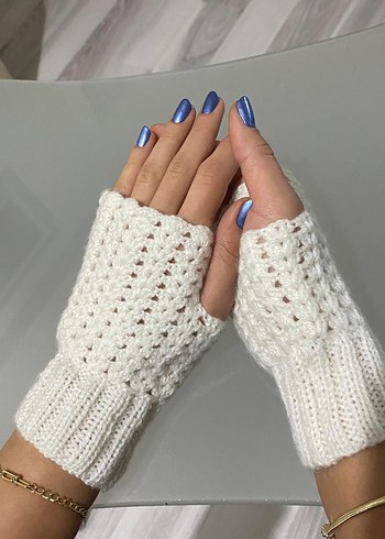 Beyaz Örgü Kadın Eldiven - Görsel 2