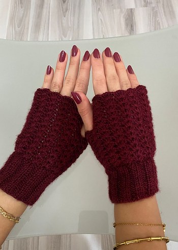 Bordo Örgü Kadın Eldiven - Görsel 3
