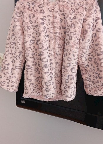 Pembe Leopar Desenli Kapüşonlu Peluş Ceket