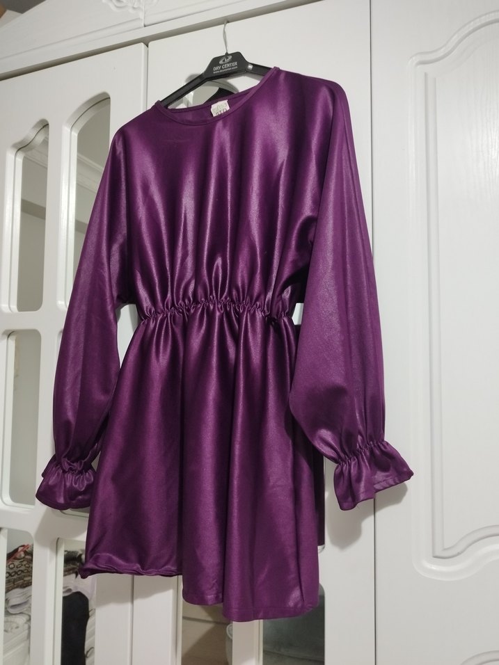 Uzun Kollu Mor Kadın Salaş Elbise - Görsel 2