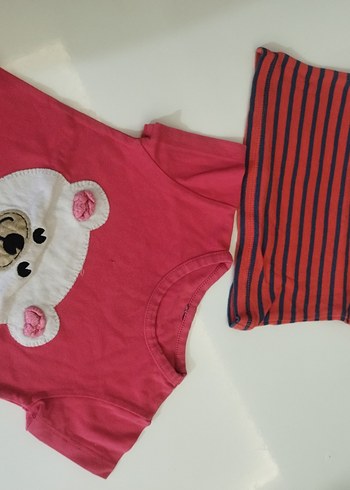 2 tane 50 Kız Çocuk Kırmızı Çizgili ve Ayı Desenli Tişört - Görsel 2