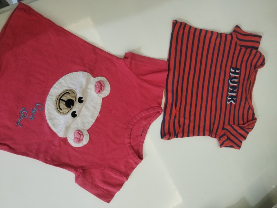 2 tane 50 Kız Çocuk Kırmızı Çizgili ve Ayı Desenli Tişört - Görsel 2