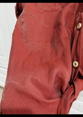 Kırmızı Keten Düğmeli Uzun Kollu Bluz - Görsel 3