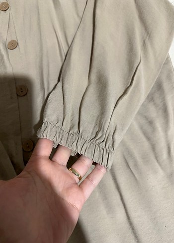 Bej Düğmeli Keten Gömlek - Görsel 2