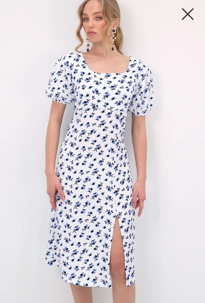 Beyaz Çiçek Desenli Midi Elbise - Görsel 2