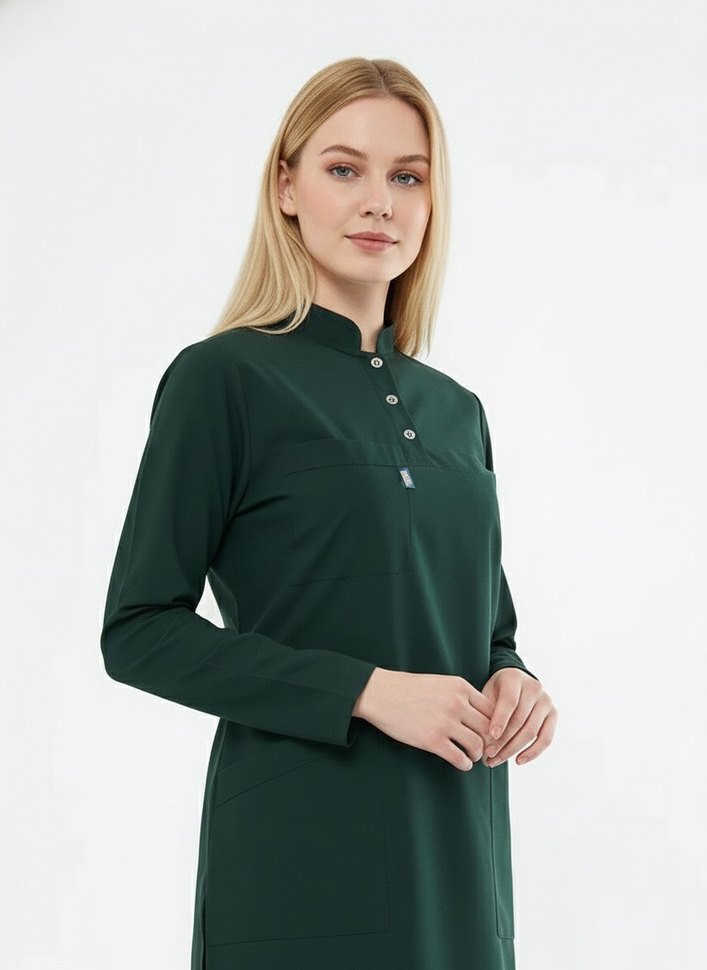 Tesettür - Avcı Yeşili Likralı Hemşire Üniforma Takımı (Class ) - Görsel 3