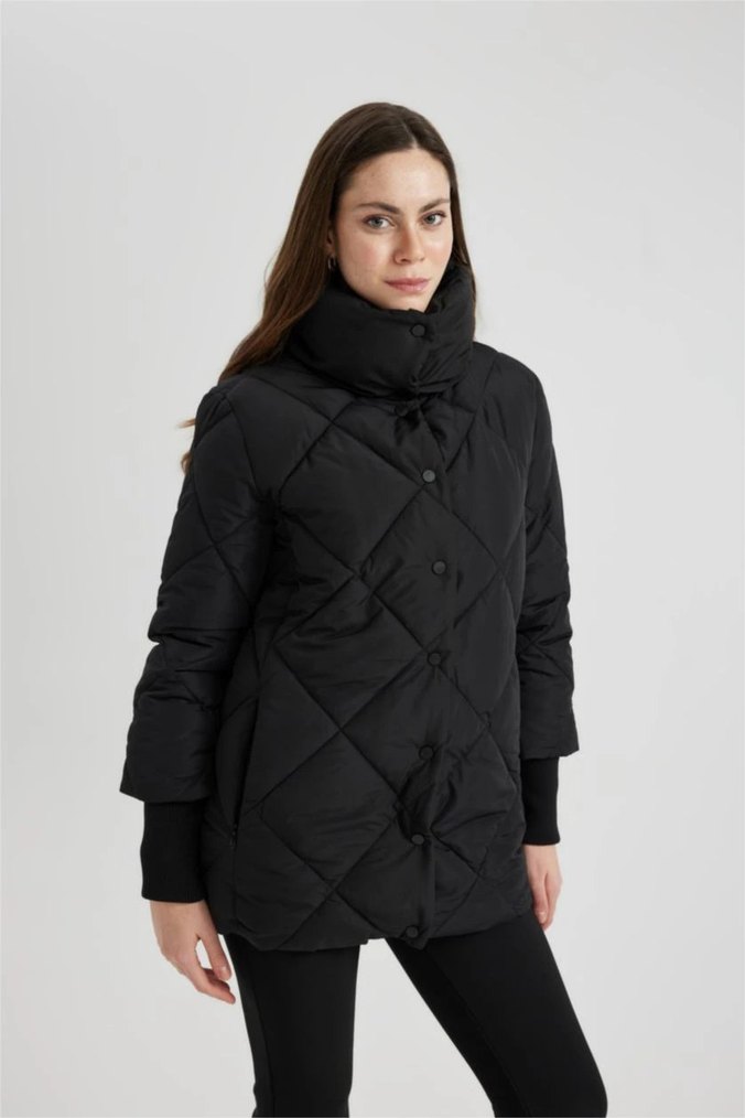 Su İtici Uzun Şişme Mont Dik Yaka Kapitoneli Çıtçıtlı Cepli - Görsel 3