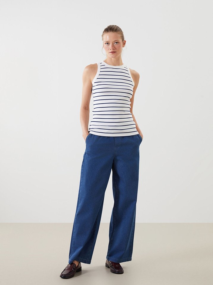 Çizgili Beyaz Pamuklu Kolsuz Tişört - Görsel 2