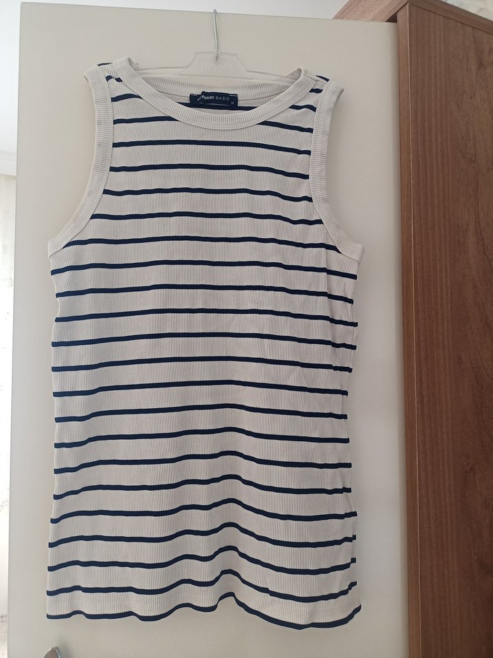 Çizgili Beyaz Pamuklu Kolsuz Tişört - Görsel 4