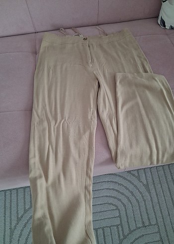 Bej Düğmeli Keten Kadın Gömlek takım - Görsel 4