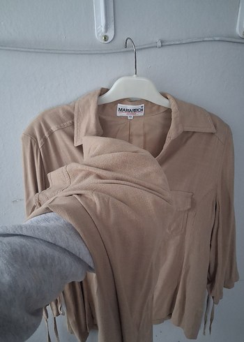 Bej Düğmeli Keten Kadın Gömlek takım - Görsel 2