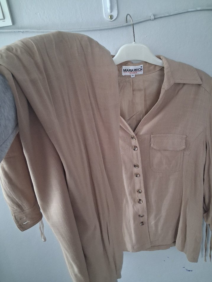 Bej Düğmeli Keten Kadın Gömlek takım - Görsel 3