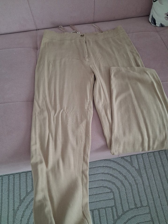 Bej Düğmeli Keten Kadın Gömlek takım - Görsel 4