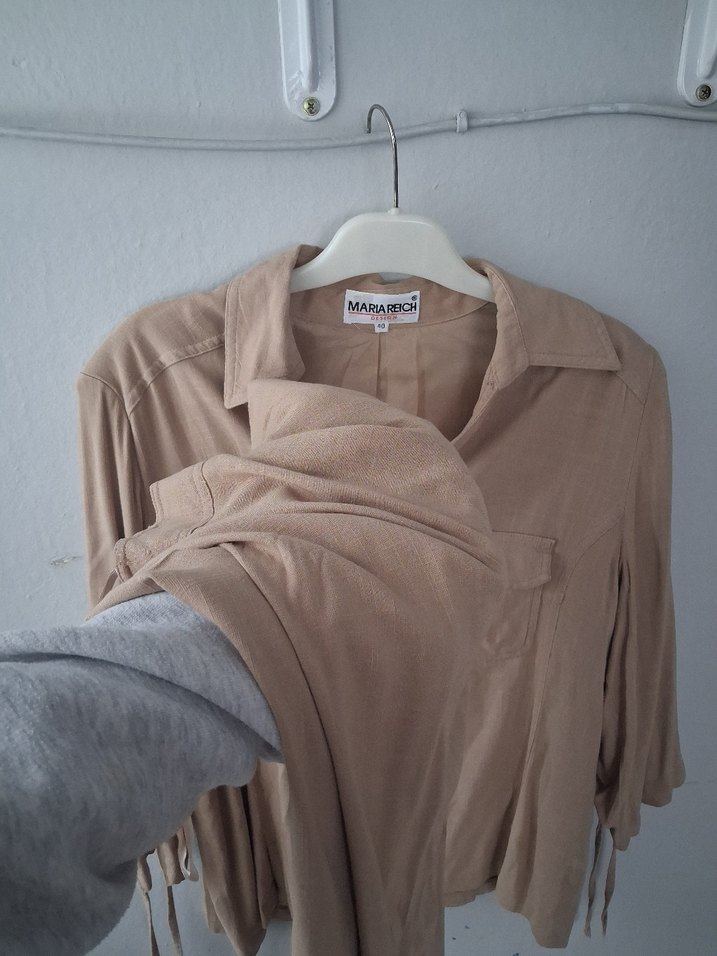 Bej Düğmeli Keten Kadın Gömlek takım - Görsel 2