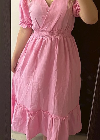 Pembe Midi Bohem Keten Elbise