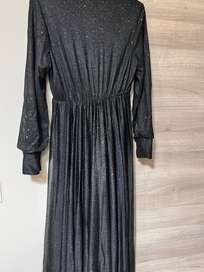 Siyah Uzun Drapeli Kadın Abiye Elbise - Görsel 4