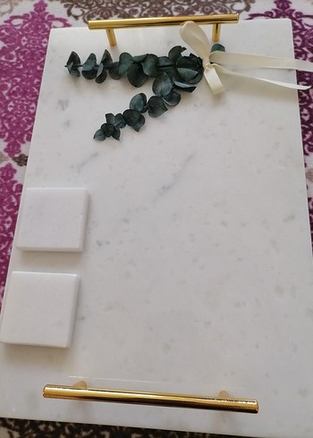 Beyaz Mermer Düğün Aksesuarı Kurdeleli söz nişan tepsisi
