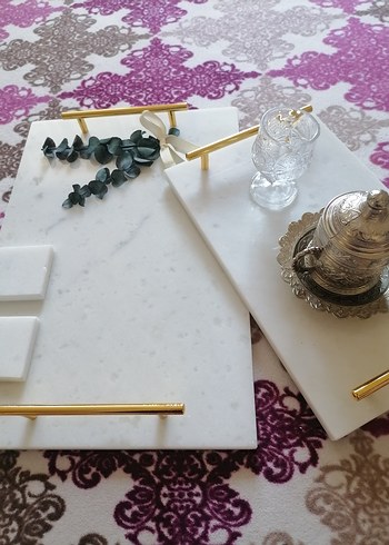 Beyaz Mermer Düğün Aksesuarı Kurdeleli söz nişan tepsisi