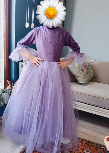 Diğer Uzun Kollu Yüksek Yakalı Mor Kız Elbisesi