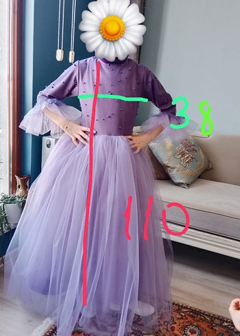 11-12 Yaş Beden mor Renk Uzun Kollu Yüksek Yakalı Mor Kız Elbisesi