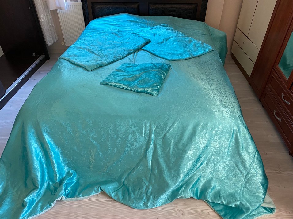 Turkuaz Parlak Düz Yatak Örtüsü - Görsel 2