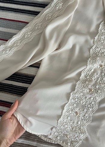 Dantel İşlemeli Beyaz Uzun Kollu Kadın Gömlek - Görsel 4