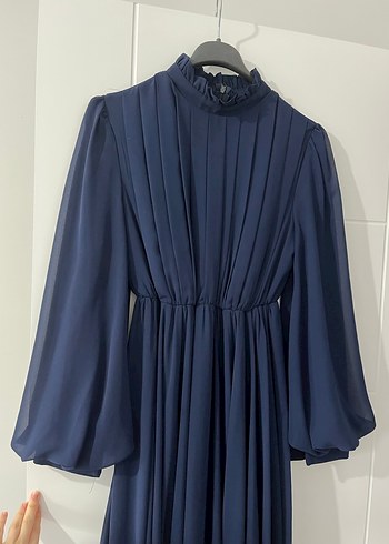 Lacivert Uzun Pileli Şifon Tesettür Kadın Abiye Elbise - Görsel 2