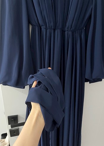 Lacivert Uzun Pileli Şifon Tesettür Kadın Abiye Elbise - Görsel 3