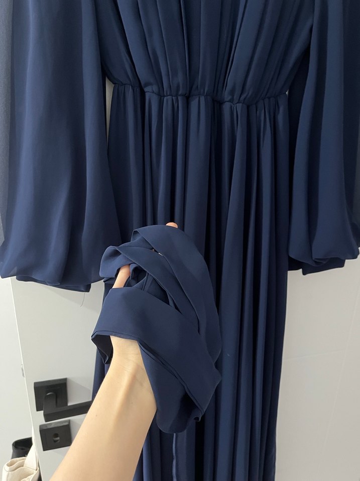 Lacivert Uzun Pileli Şifon Tesettür Kadın Abiye Elbise - Görsel 3