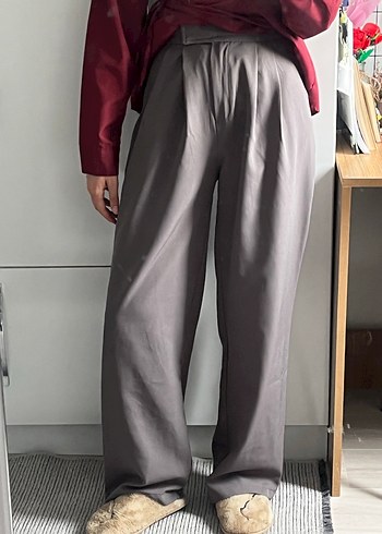 Happiness Gri Uzun Kadın Rahat Kesim Kumaş Pantolon