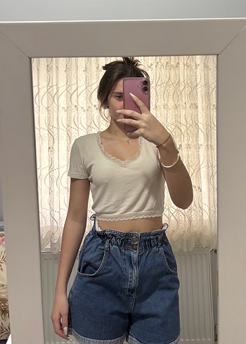 Kadın Mavi Bağlamalı Salaş Mini Kot Şort - Görsel 4