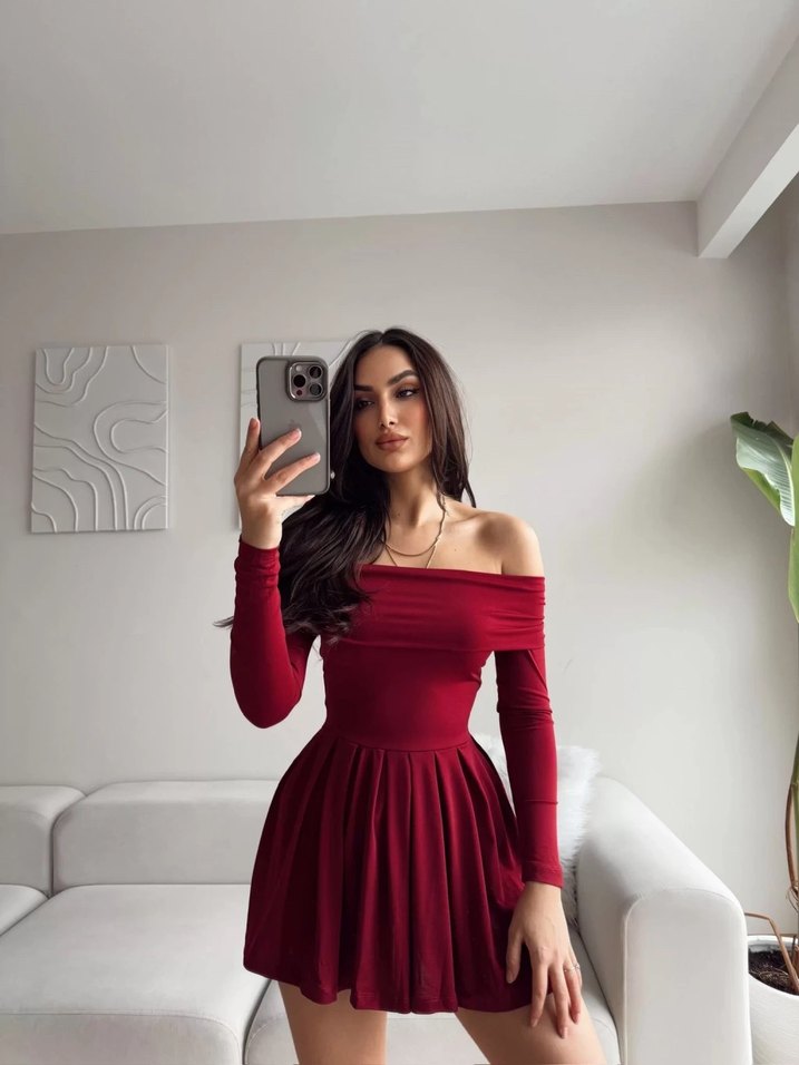 Bordo Yırtmaçlı Uzun Kollu Midi Elbise - Görsel 2