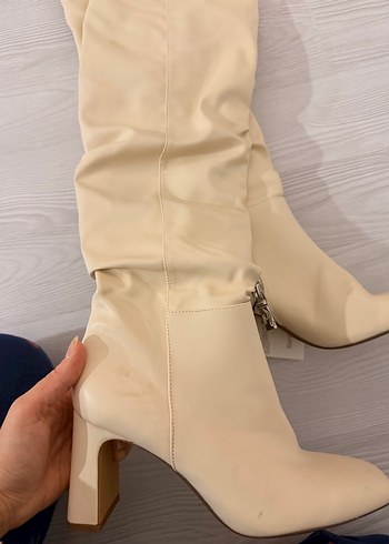 Bej Kadın Dizüstü İnce Topuklu Çizme - Görsel 3