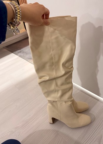 Bej Kadın Dizüstü İnce Topuklu Çizme - Görsel 2