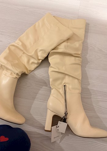 Bej Kadın Dizüstü İnce Topuklu Çizme - Görsel 4