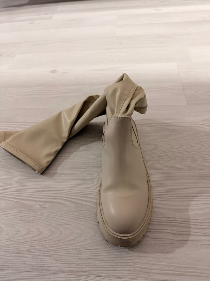 Bej kısa Topuklu Kadın Diz Boyu Çizme - Görsel 4