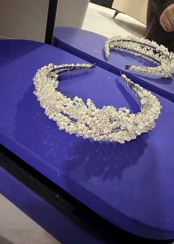 Beyaz Boncuklu Cam Saç Aksesuarı düğün gelin taçı - Görsel 5